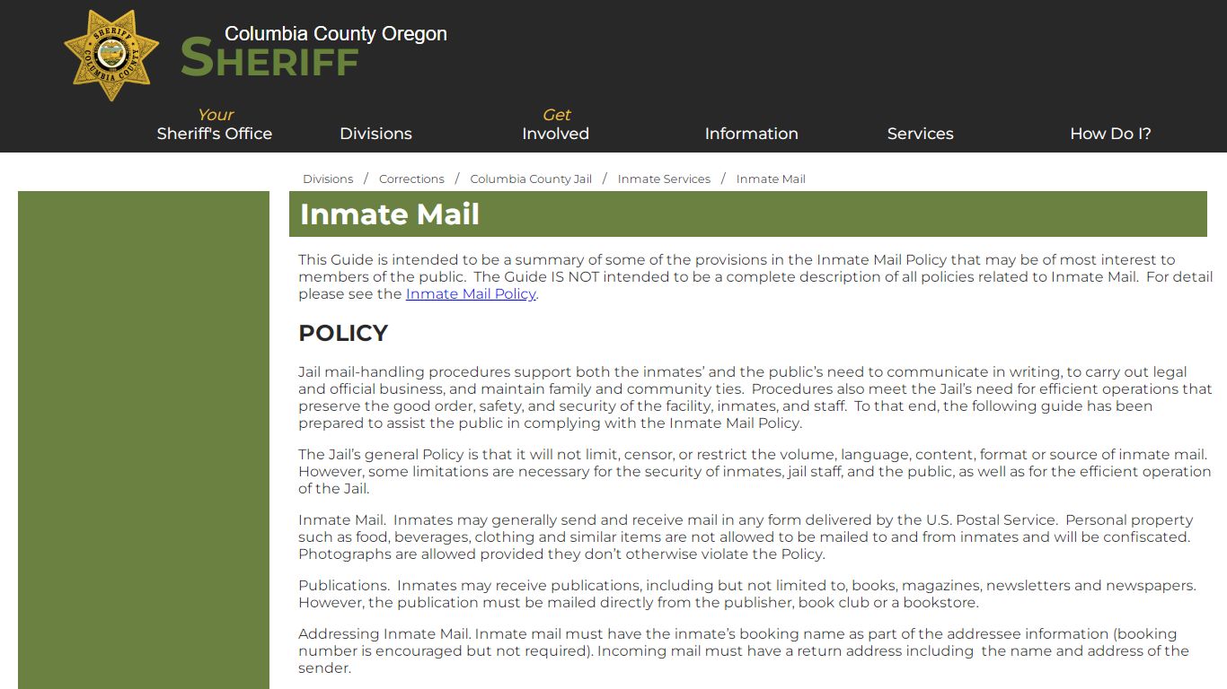 Columbia County Oregon Sheriff - Inmate Mail